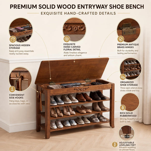 Lift-Top Storage Bench with 3-Tier Shoe Rack