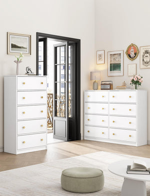 5-Drawer Fabric Dresser with Wood Top – White Storage Tower