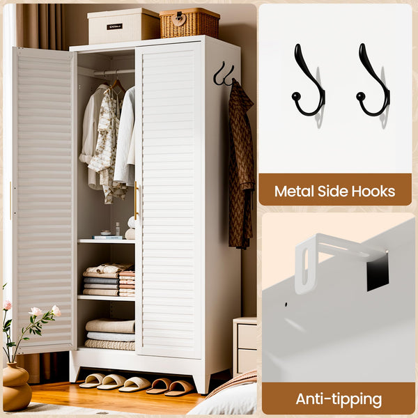 71" Metal Wardrobe Closet with Louvered Doors & Adjustable Shelves