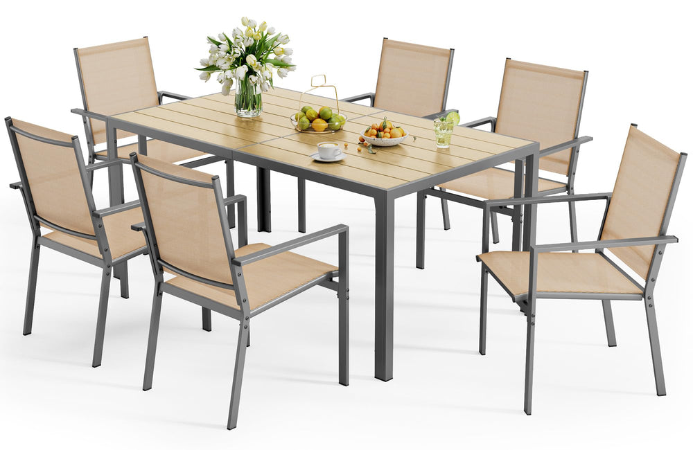 6-Person Outdoor Patio Dining Set with Umbrella Hole – Steel Table & Textilene Chairs