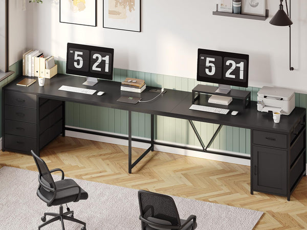 L-Shaped Desk with Drawers, Power Outlet & Monitor Shelf