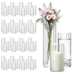 Ribbed Glass Vases Set of 24 – Bulk Clear Glass Centerpiece Vases with Assorted Heights