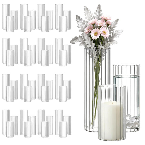 Ribbed Glass Vases Set of 24 – Bulk Clear Glass Centerpiece Vases with Assorted Heights
