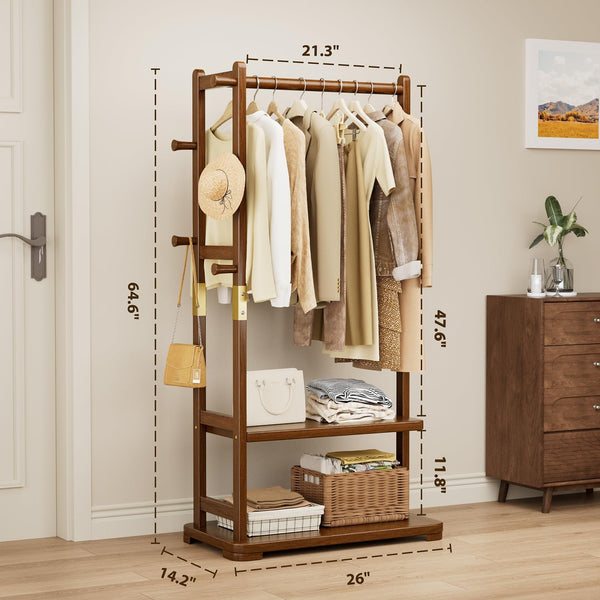 Solid Wood Coat Rack with 2 Shelves & 4 Hooks