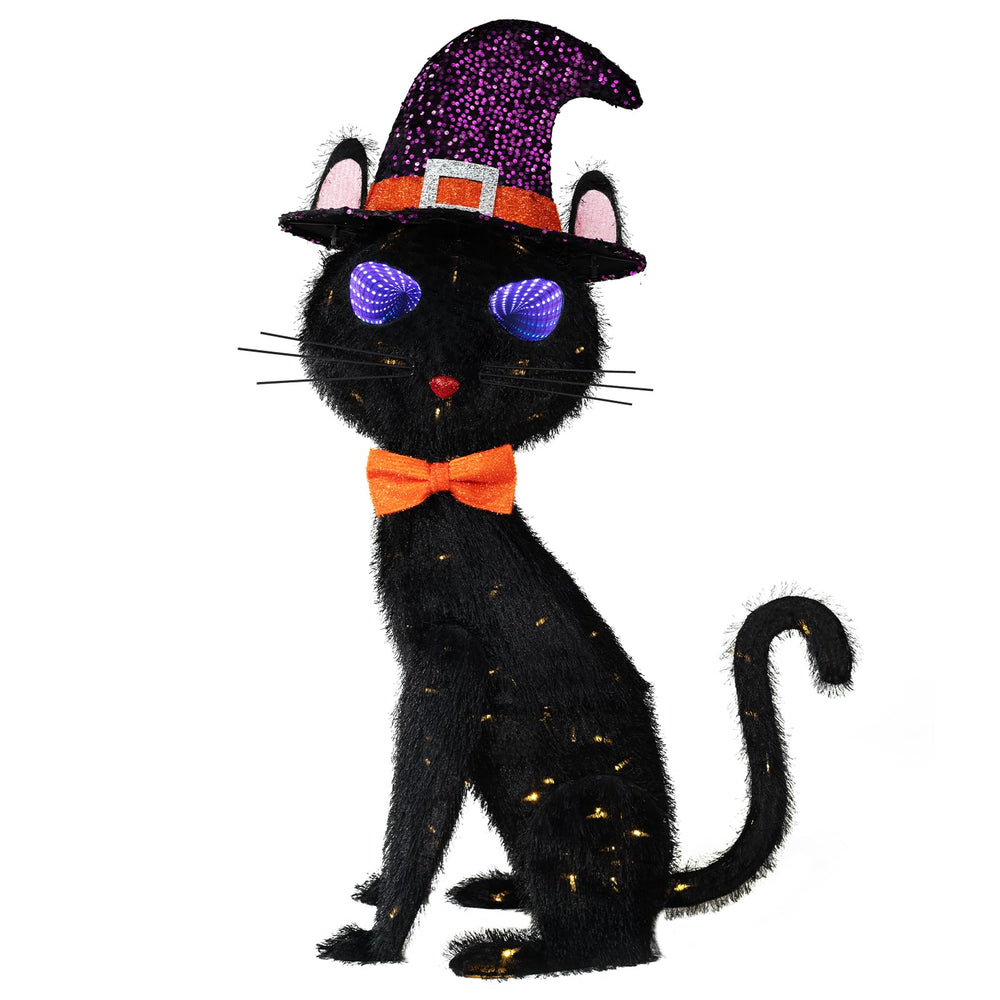 3.5 ft Pre-Lit Black Cat Halloween Decoration with Flashing Infinity Eyes & Witch Hat