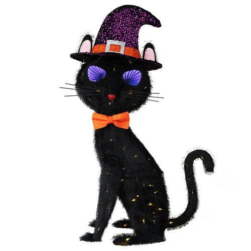 3.5 ft Pre-Lit Black Cat Halloween Decoration with Flashing Infinity Eyes & Witch Hat