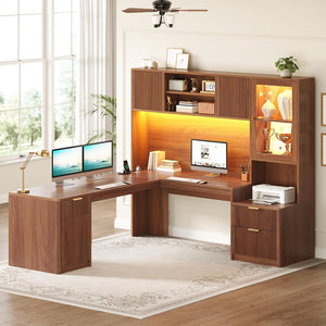 SEDETA 67" x 65" L Shaped Desk with Hutch, RGB LED Corner Computer Desk with Power Outlets, Fluted Home Office Desk with File Drawer, Storage Cabinet & Glass Display Cabinet for Gaming & Working, Oak