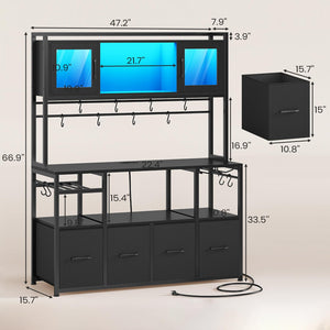 Bakers Rack with Power Outlet, LED Light & Storage Cabinet