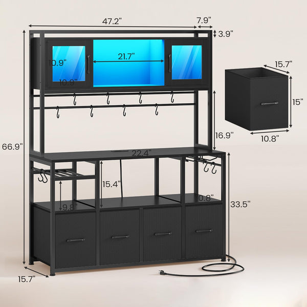 Bakers Rack with Power Outlet, LED Light & Storage Cabinet