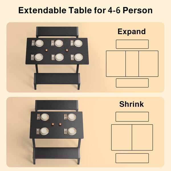 Extendable Dining Table Set with Bench for 4–6 | Smart-Flip Leaf | Metal Frame | Black
