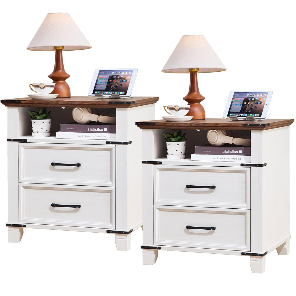Farmhouse Nightstand with 2 Drawers & Open Shelf – White