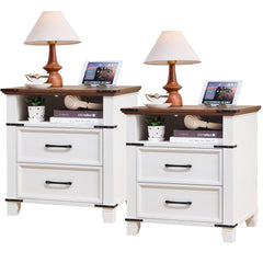Farmhouse Nightstand with 2 Drawers & Open Shelf – White