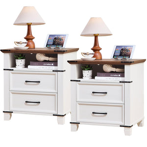 Farmhouse Nightstand with 2 Drawers & Open Shelf – White
