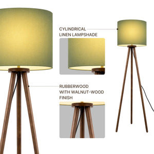 Rubberwood Tripod Floor Lamp — 60.6", 15.7" Linen Shade, Walnut Finish, E26