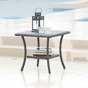 2-Tier Outdoor Rattan Coffee Table with Storage