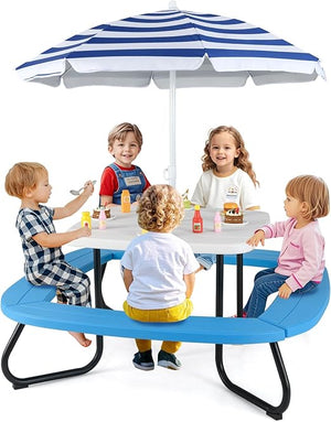 Kids Picnic Table with Umbrella – 8-Seat Outdoor HDPE Set