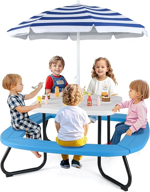Kids Picnic Table with Umbrella – 8-Seat Outdoor HDPE Set