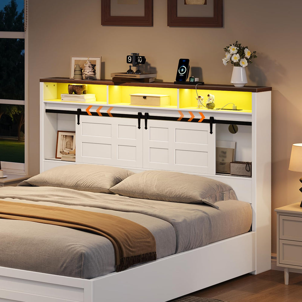Queen Size Headboard with Storage, LED Lights & Charging Station