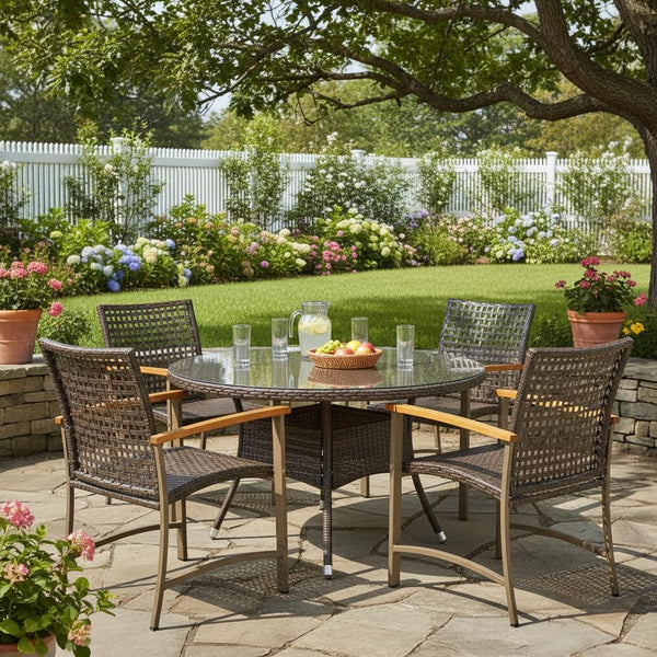 Outdoor PE Wicker Patio Dining Chairs Set of 4 with Acacia Wood Armrests