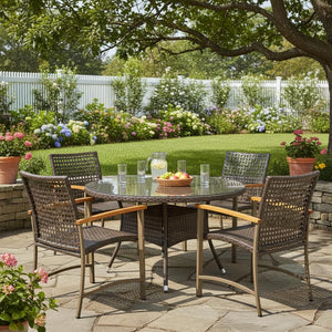 Outdoor PE Wicker Patio Dining Chairs Set of 4 with Acacia Wood Armrests