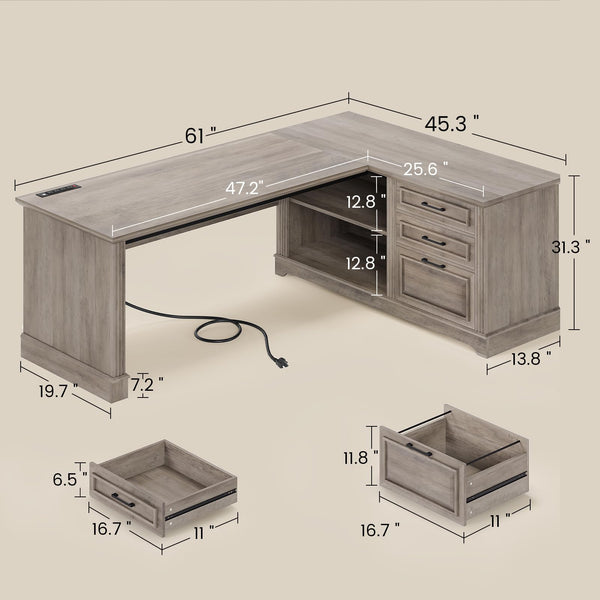 L-Shaped Farmhouse Desk with Drawers & Power Outlets