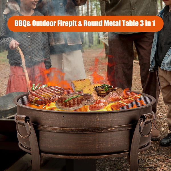 36-Inch Round Wood Burning Fire Pit with Grill, Lid & Cover