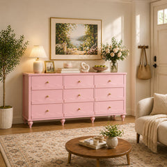9 Drawer Dresser with Scalloped Design – Pink