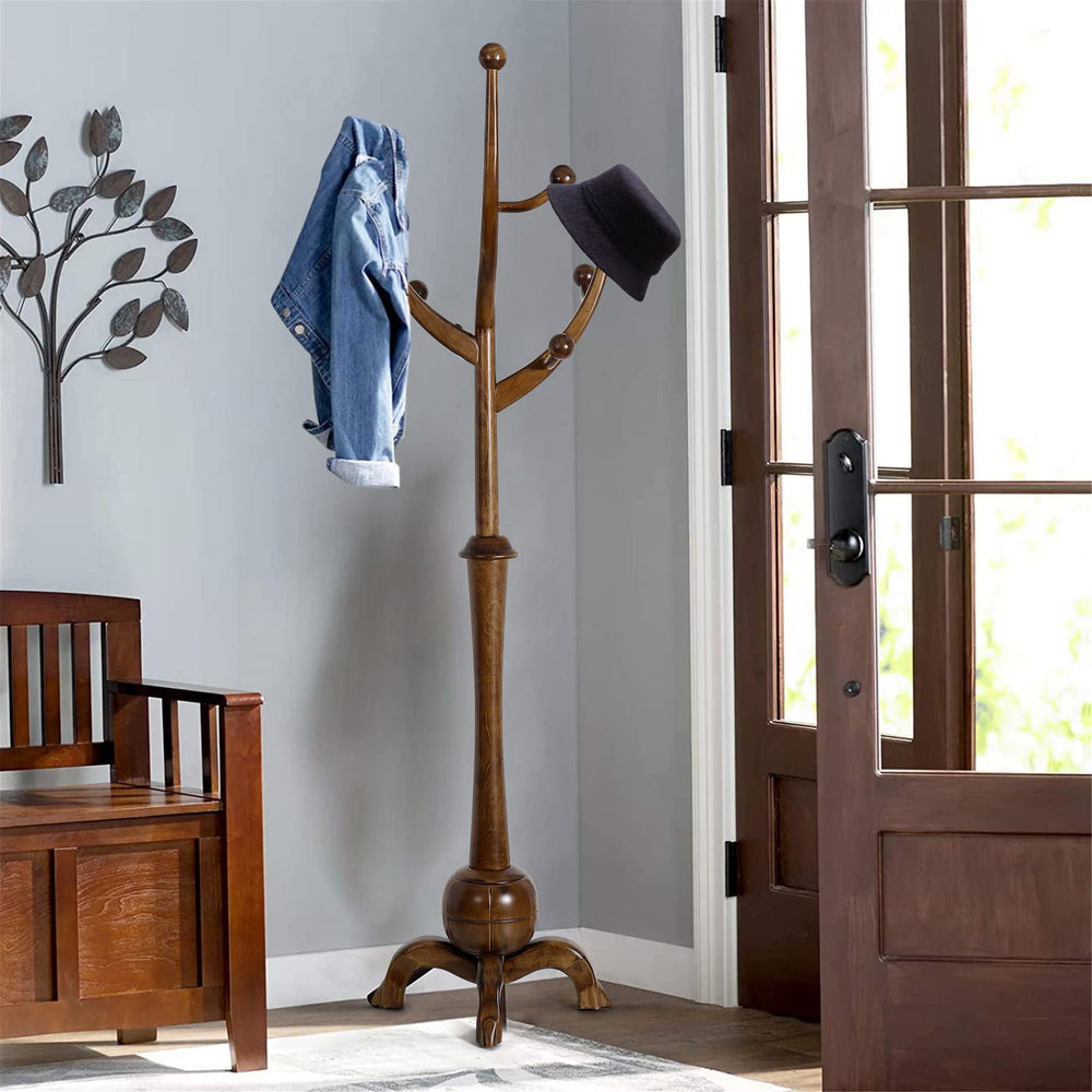 Freestanding Wooden Coat Rack with 8 Hooks