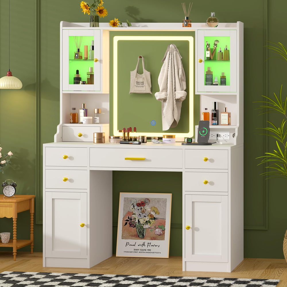 LED Vanity Desk with Mirror, RGB Cabinets & Charging Station