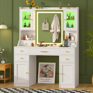 LED Vanity Desk with Mirror, RGB Cabinets & Charging Station