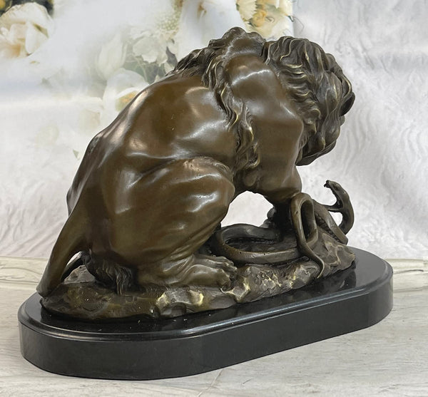 Lion and Snake Bronze Sculpture on Marble Base