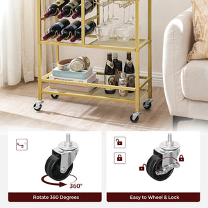 3-Tier Rolling Bar Cart with Wine Rack and Glass Holders