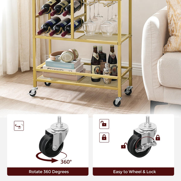 3-Tier Rolling Bar Cart with Wine Rack and Glass Holders