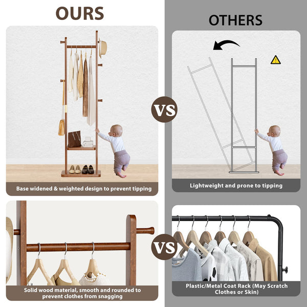 Solid Wood Coat Rack with 2 Shelves & 5 Hooks – Freestanding Clothes Stand