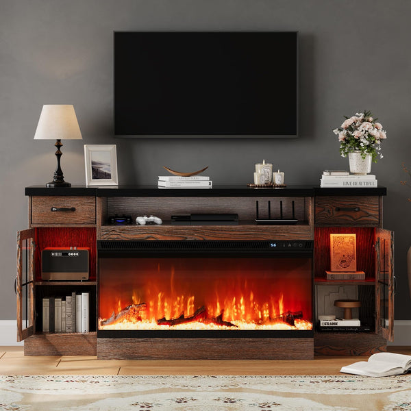 70" Electric Fireplace TV Stand with 3-Sided Glass