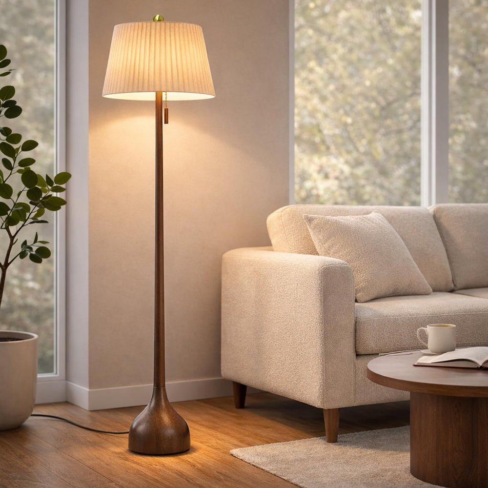 MOFFE 65" Mid Century Modern Vintage Real Wood Floor Lamp with 2 Shades for Two Looks,Sculptural Standing Lamp with Teardrop Base & Wooden Pull Chain for Living Room Bedroom Sofa Side (Bulb Included)