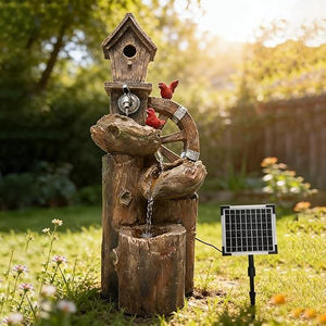 Decorative Garden Birdhouse with Solar LED Lights & Water Wheel