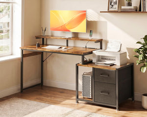 56-Inch Computer Desk with Printer Shelf, Drawers & USB Power Outlet