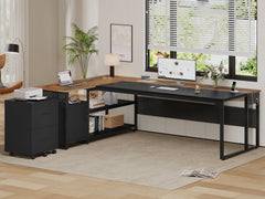 L-Shaped Executive Desk with File Cabinet & Power Outlets