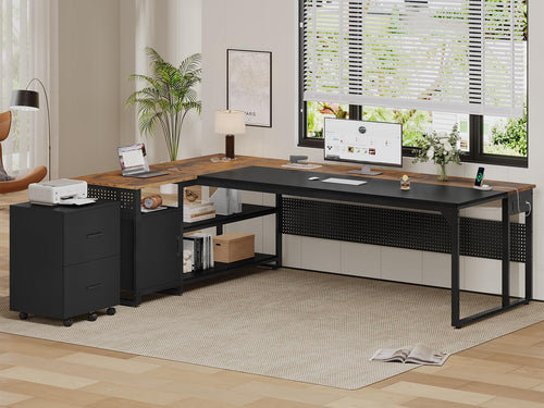 L-Shaped Executive Desk with File Cabinet & Power Outlets