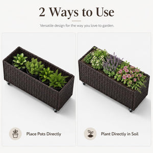 Raised Garden Bed with Wheels — 38" Rattan Wicker, Steel Frame, Drainage Hole