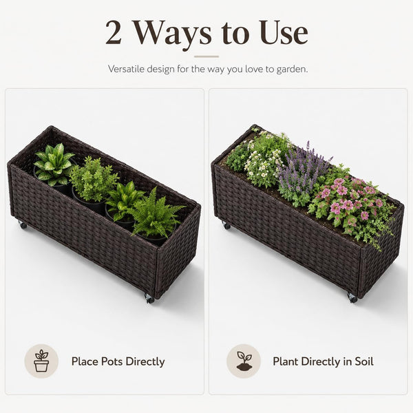 Raised Garden Bed with Wheels — 38" Rattan Wicker, Steel Frame, Drainage Hole