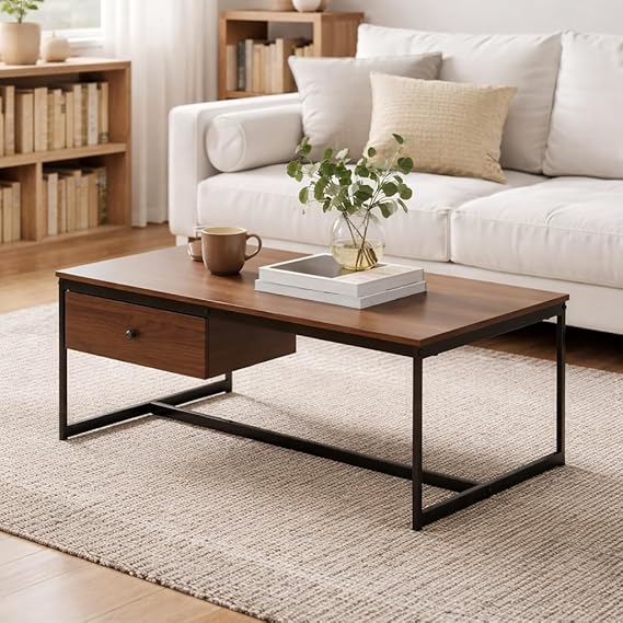Manora Mid Century Modern Coffee Table with Storage Cabinet and Open Shelf, Wooden Living Room Table with Fluted Drawer and Solid Wood Legs, Walnut Finish Center Table for Small Spaces