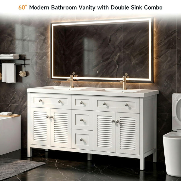 60" Double Sink Bathroom Vanity with Resin Basin & Shutter Doors