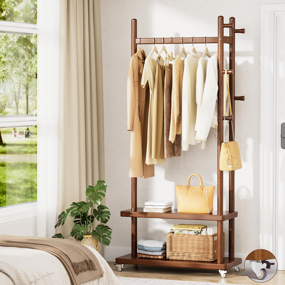 Solid Wood Coat Rack with Wheels, Storage Shelves & Hooks