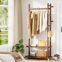 Solid Wood Coat Rack with Wheels, Storage Shelves & Hooks