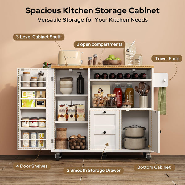 Rolling Kitchen Island with Storage, Drop-Leaf Countertop & Towel Rack