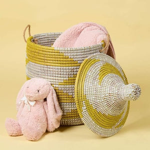 Wicker Storage Basket with Lid – Yellow & White Woven Round Hamper