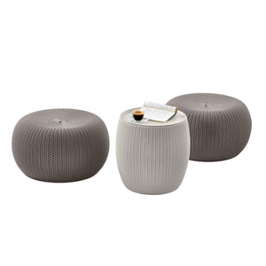 Outdoor Resin Pouf Ottoman Set with Storage Table – 3 Piece