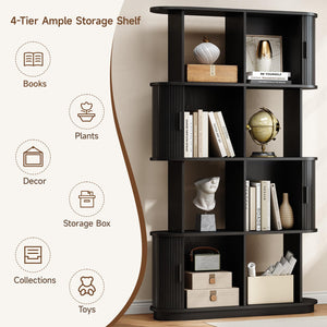 4-Tier Bookshelf with Sliding Door – Mid-Century Modern Freestanding Bookcase